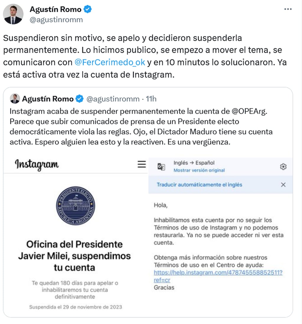 Meta cerró la cuenta de Instagram para Javier Milei y luego tuvo que reabrirla.