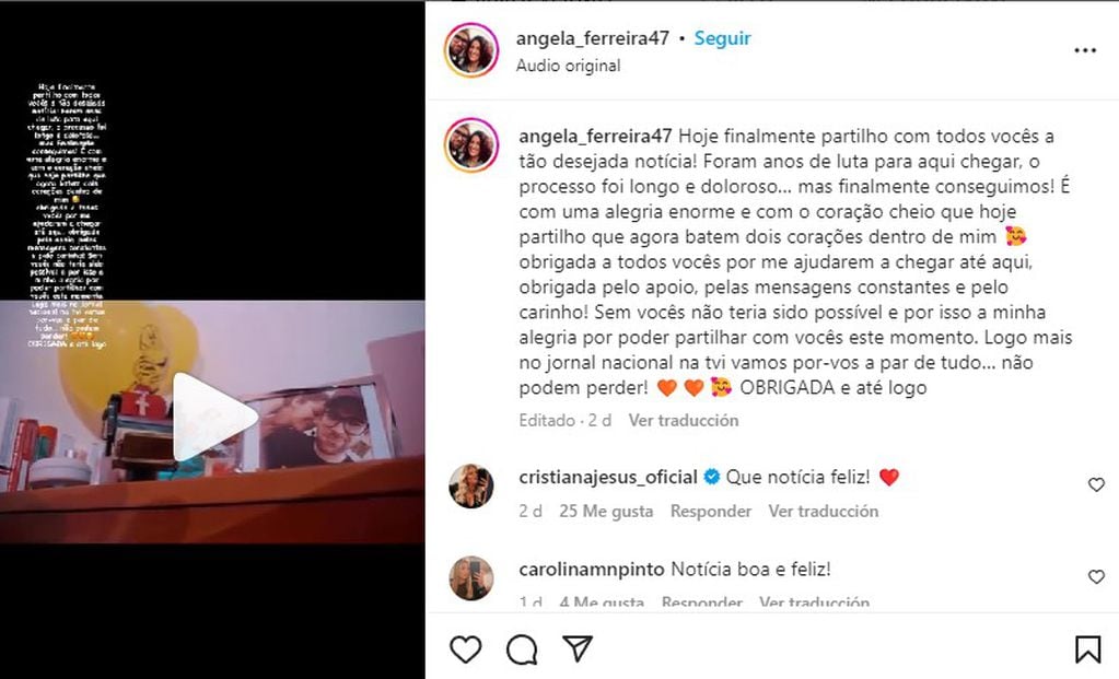 La publicación de Ângela Ferreira en Instagram Foto: captura de pantalla.