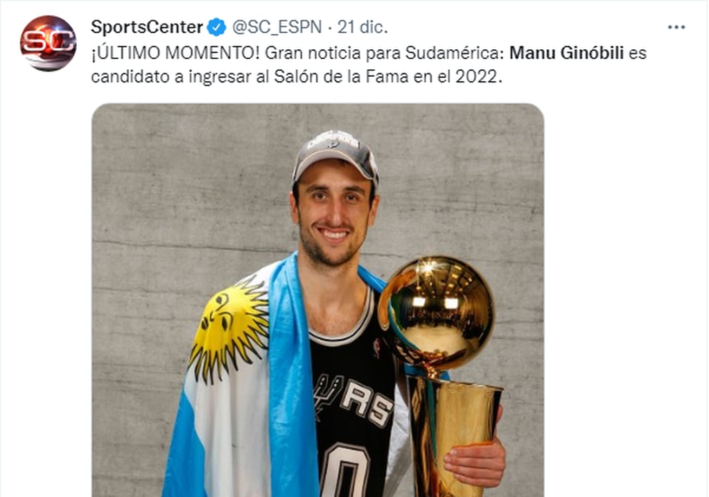 Manu Ginóbili candidato a ingresar al Salón de la Fama de la NBA. / Gentileza.