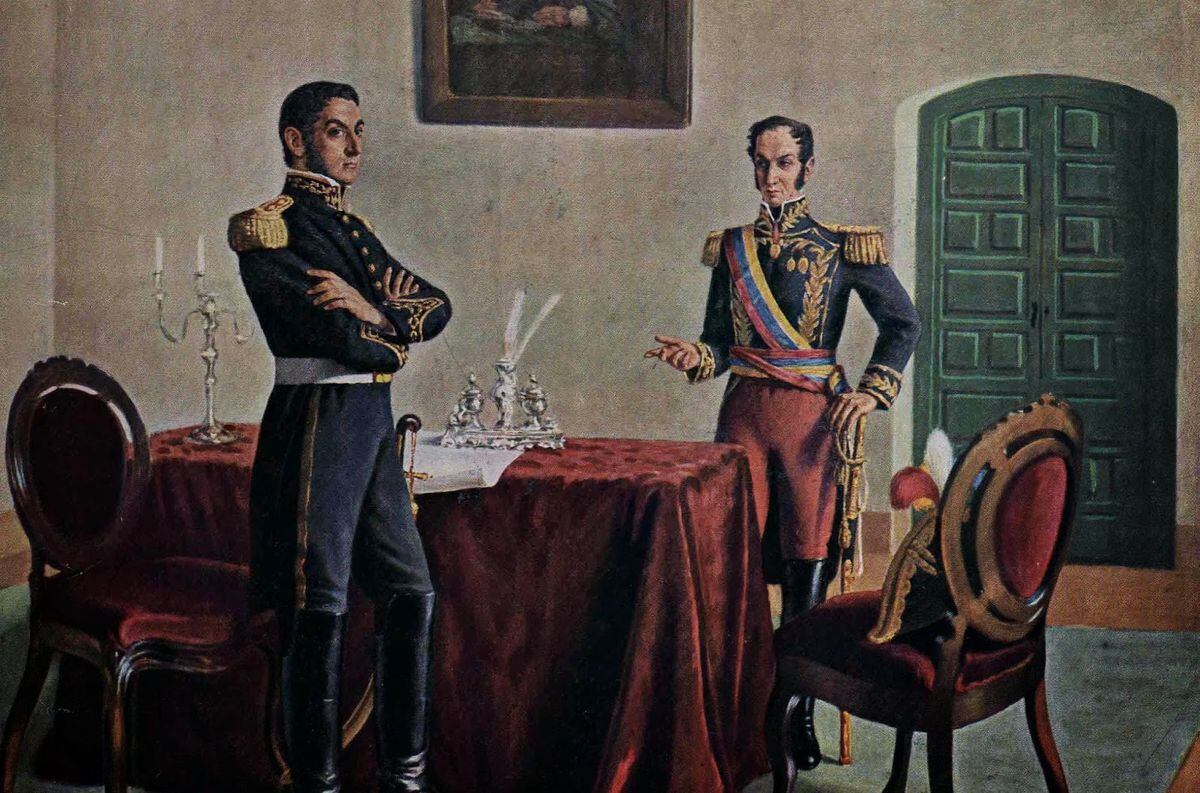 Reunión entre San Martín y Bolívar en Guayaquil (Óleo). Autor: Pablo Ducros Hicken.