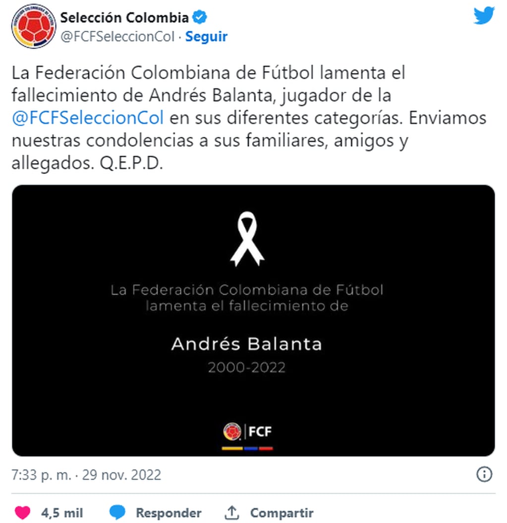 Las condolencias de la Selección de Colombia. Foto: Web