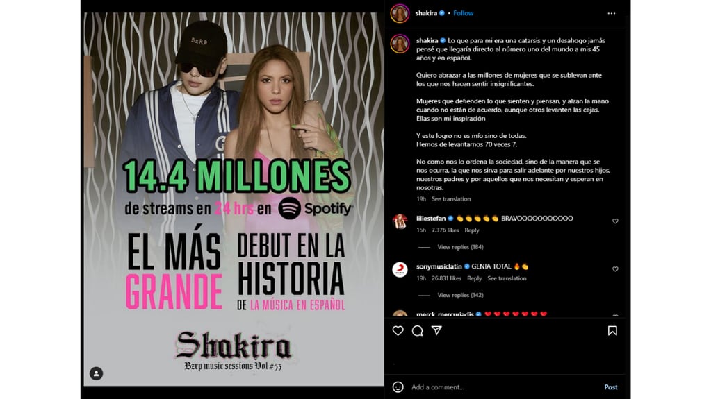 La colombiana y el productor argentino rompieron el récord del más grande debut en la historia de la música en español, con 14.4 millones de streams en Spotify en 24 horas. Foto: Shakira / Instagram