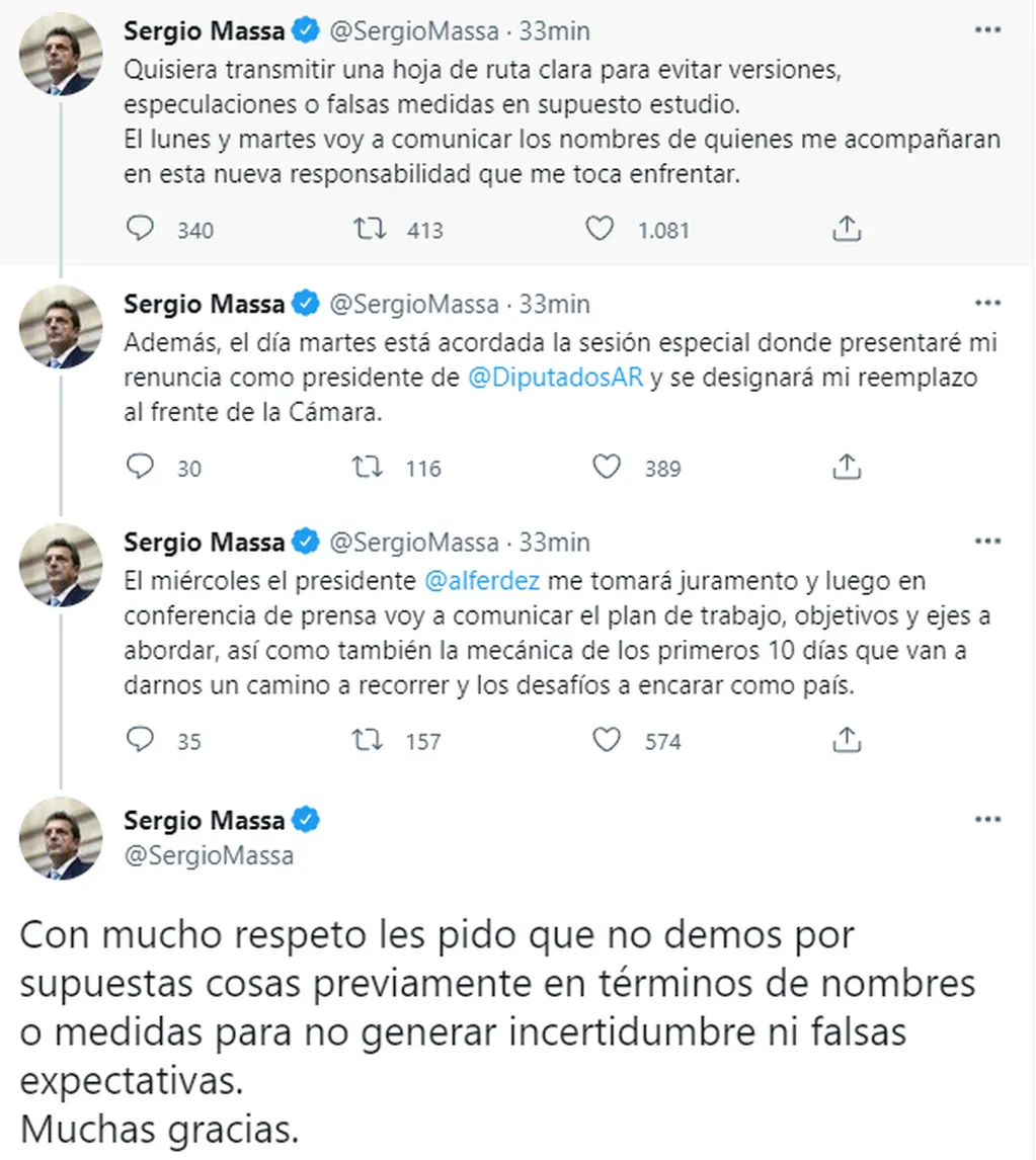 El mensaje de Sergio Massa en Twitter. Foto: Twitter / @SergioMassa.