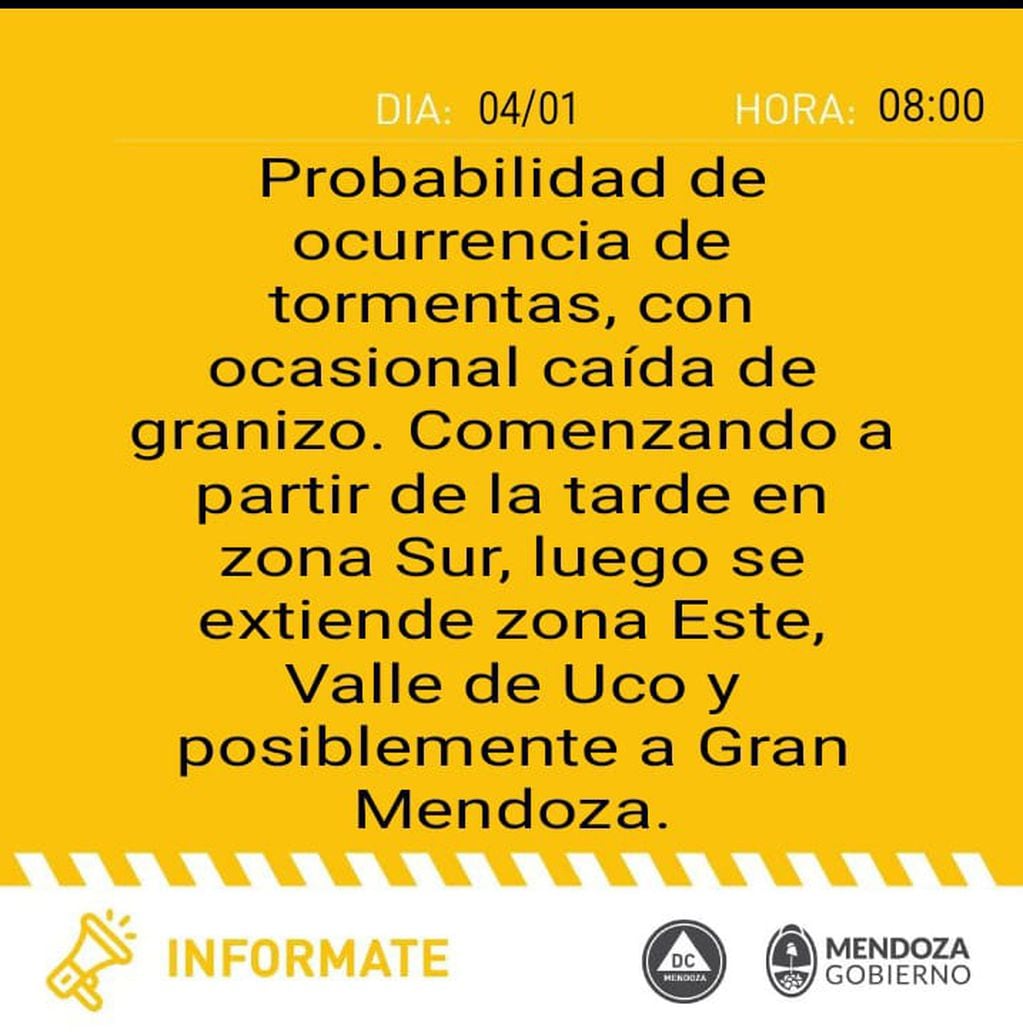Alerta por tormentas en Mendoza (Defensa Civil)