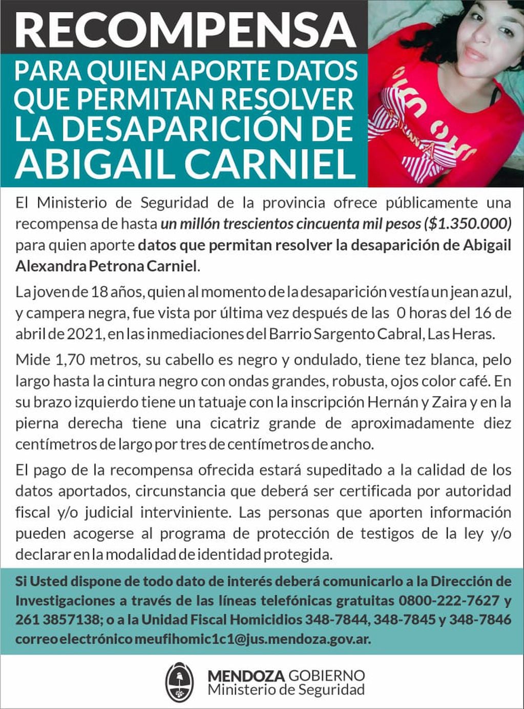 La actualización de la recompensa por el femicidio de Abigail Carniel.