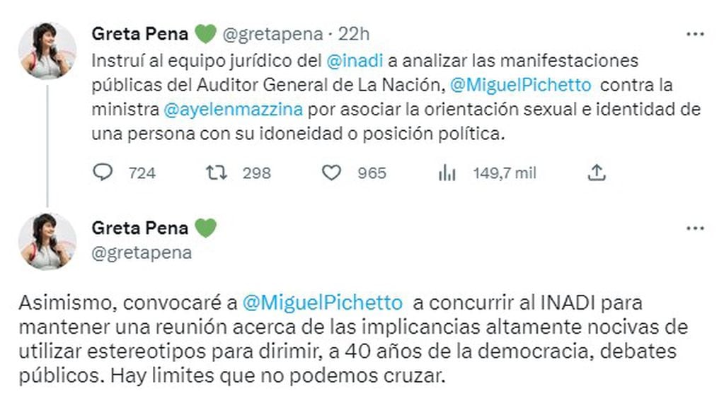 Greta pena convocó a Miguel Angel Pichetto tras sus dichos sobre Ayelén Mazzina.