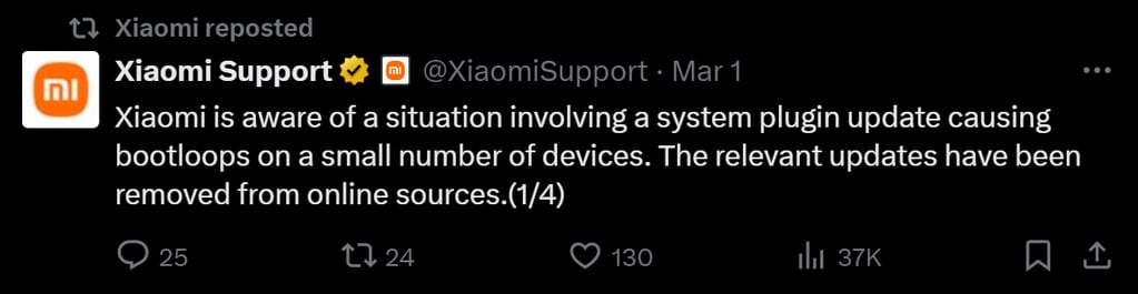Posteo de Xiaomi reconociendo el error en sus smartphones. Captura: X / @XiaomiSupport