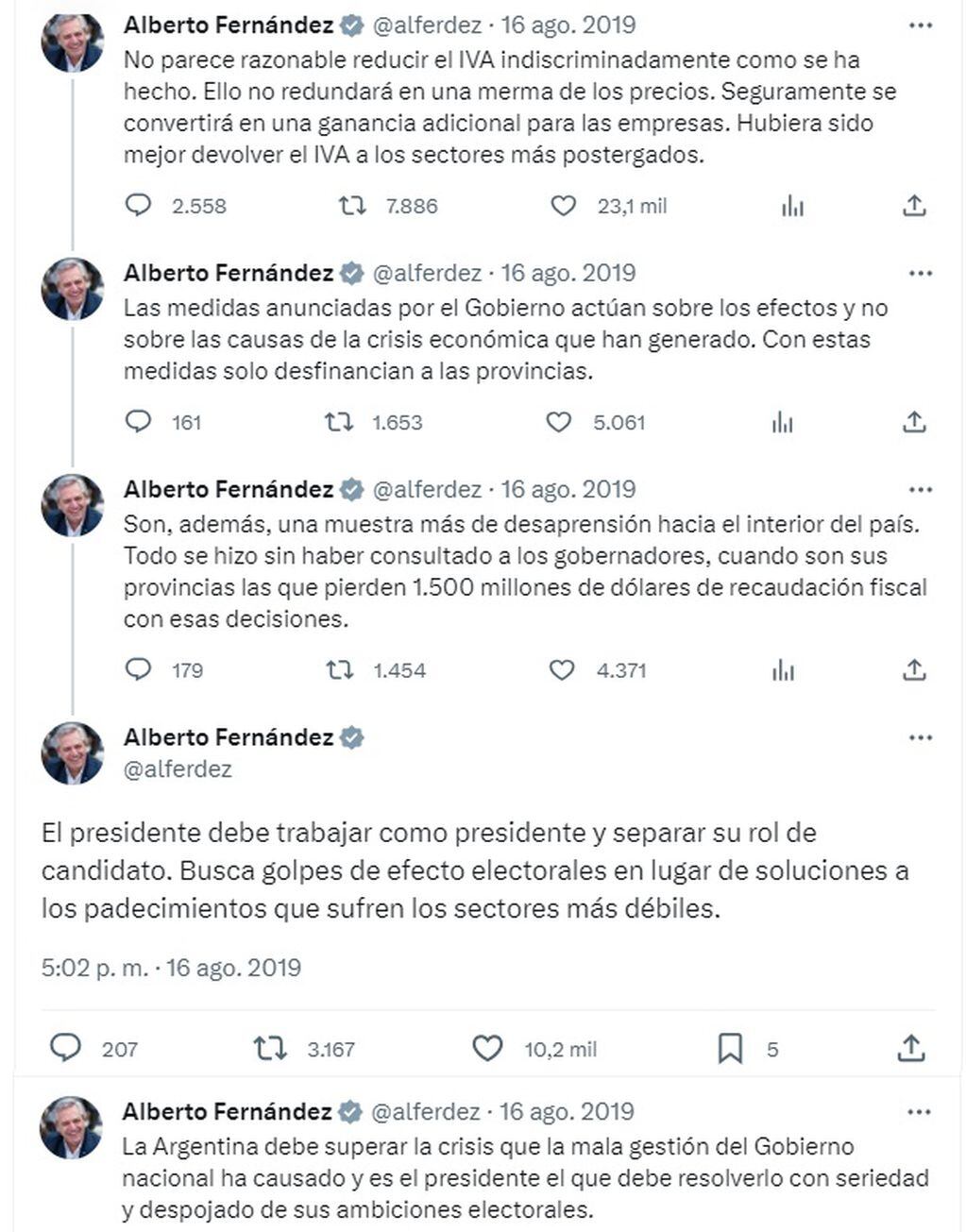 El día que Alberto Fernández criticó a Macri por eliminar el IVA durante la campaña electoral (Twitter @alferdez)