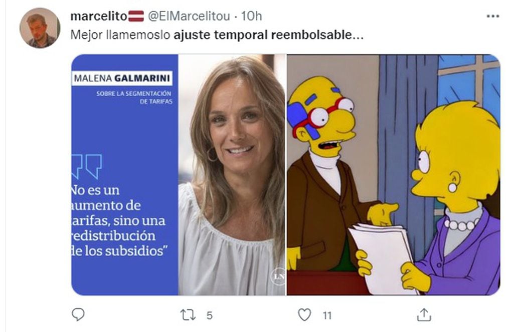 Malena Galmarini dijo que "no es aumento de tarifas sino una redistribución de subsidios" y en las redes se acordaron de Los Simpson (Captura Twitter)