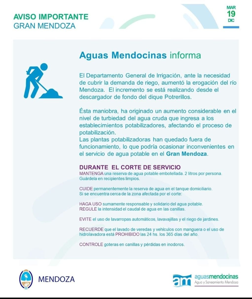 Anuncian cortes de agua en Mendoza por trabajos en el Dique Potrerillos: qué zonas estarán afectadas. Foto: Aguas Mendocinas