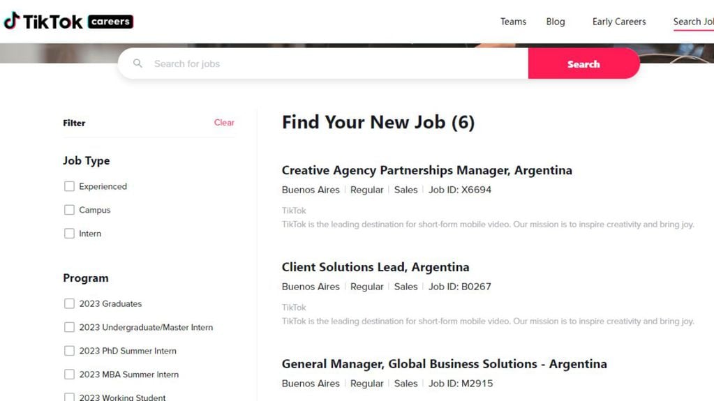 En la página web TikTok Careers se pueden ver los empleos que ofrecen.