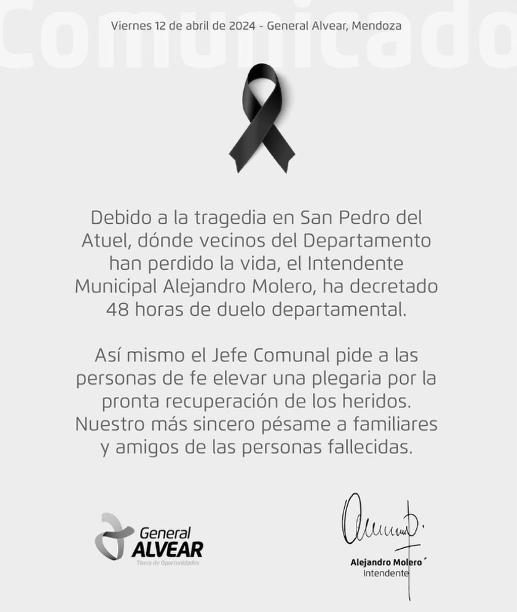 Comunicado de la Municipalidad de General Alvear. Captura: Instagram / @munialvear