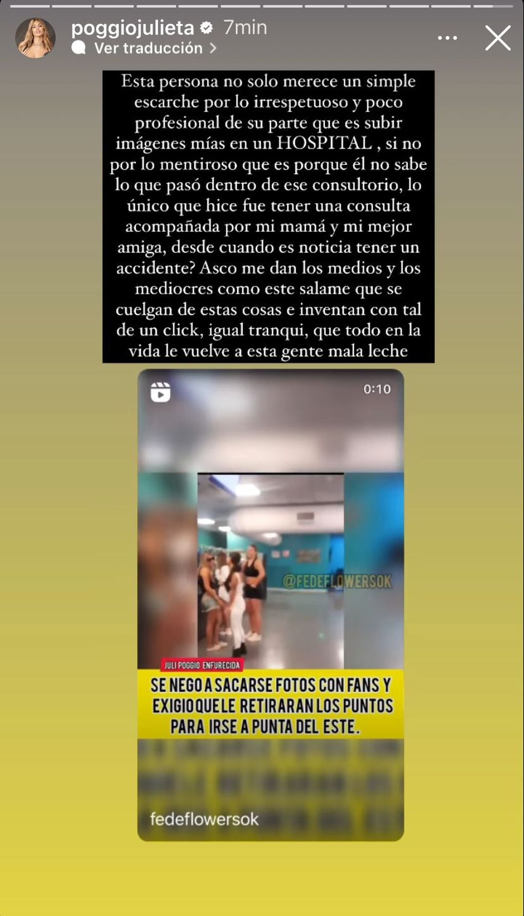 La furia de Julieta Poggio porque filtraron un video de ella en un hospital.