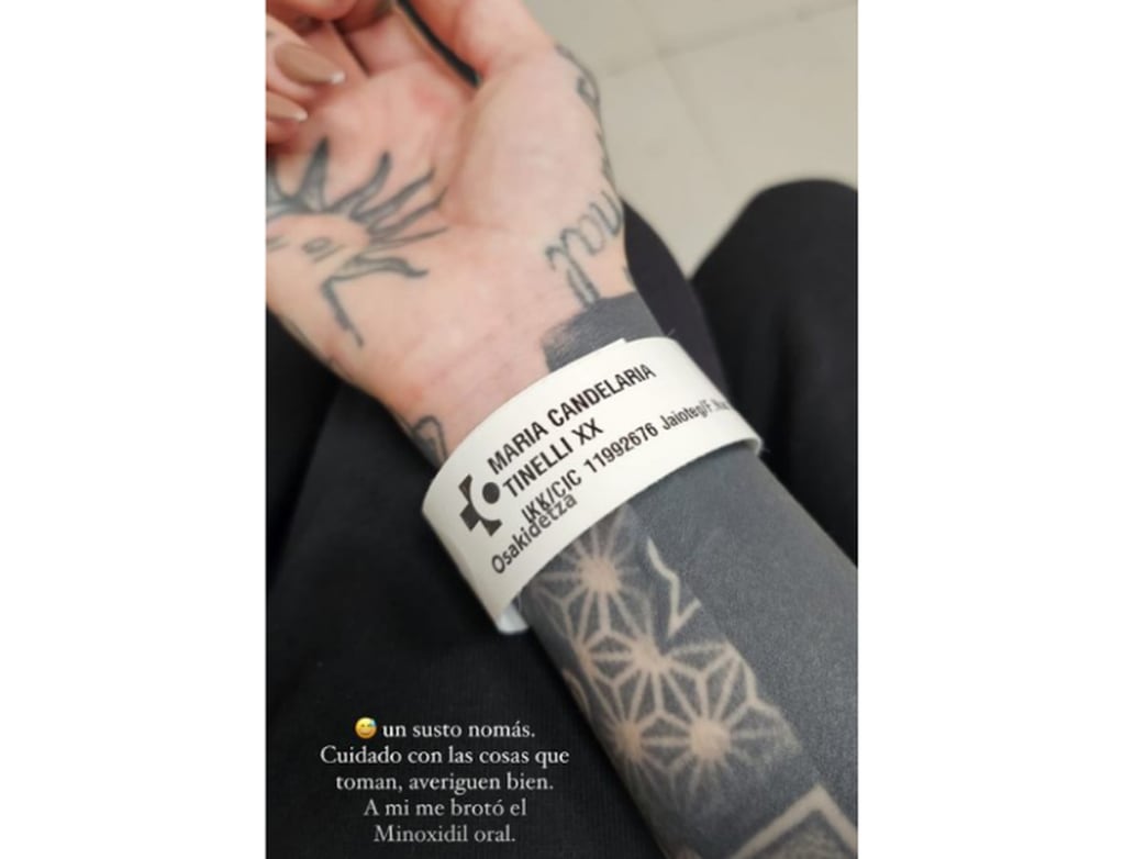 Tinelli publicó en su Instagram el brazalete  de identificación del hospital español. Foto: Candelaria Tinelli / Instagram