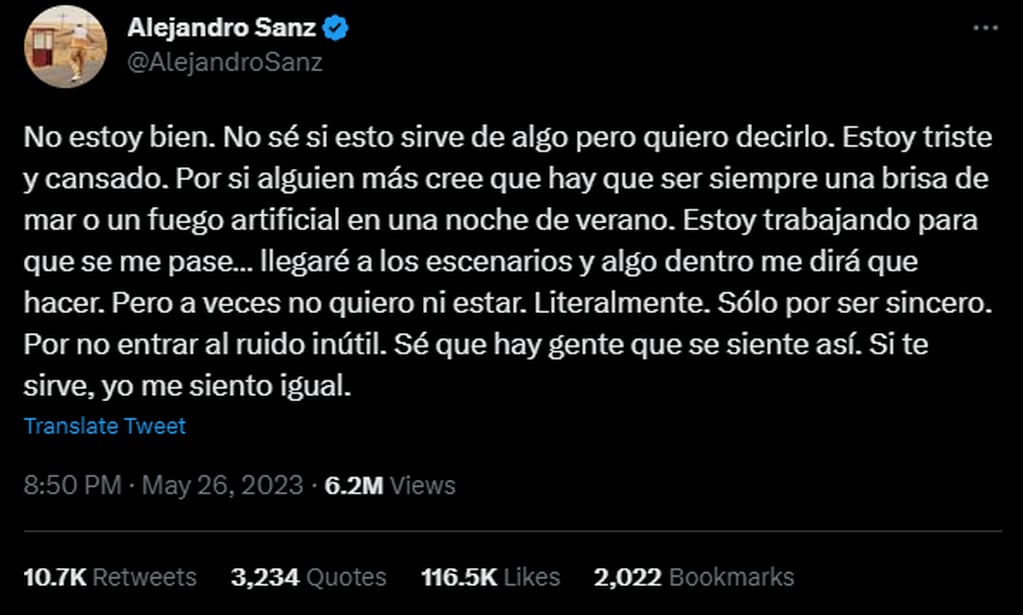 El mensaje de Sanz que alertó a sus fanáticos. Foto: Twitter/@AlejandroSanz