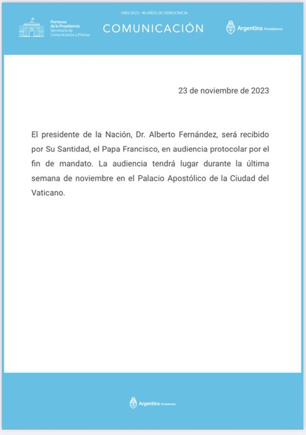 El Papa Francisco se reunirá con Alberto Fernández antes de que termine su mandato - Twitter