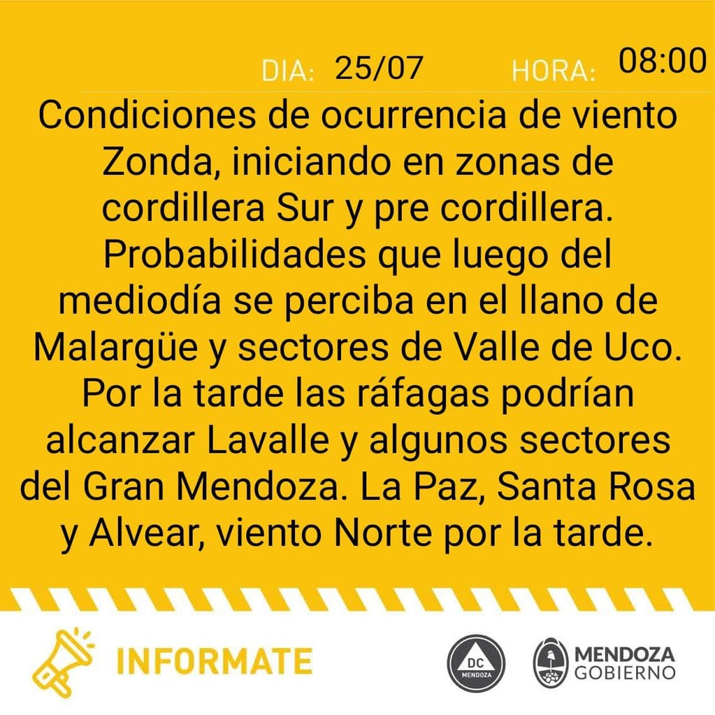 Alerta de viento Zonda en Mendoza (Defensa Civil)