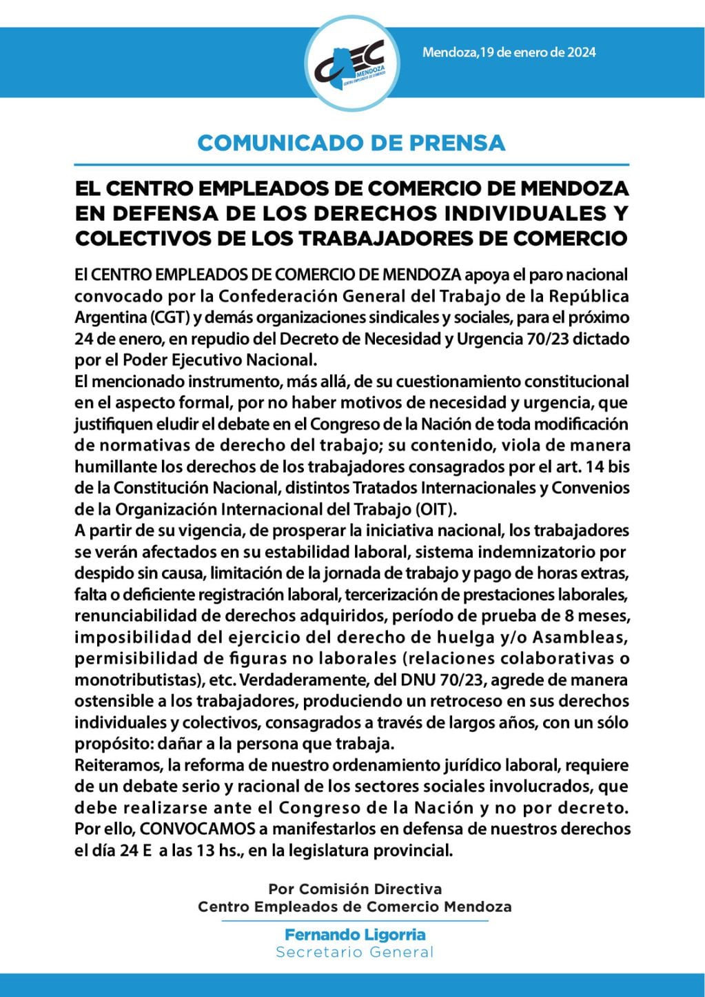 Comunicado de prensa del CEC Mendoza. Foto: Instagram / @cec.mendoza