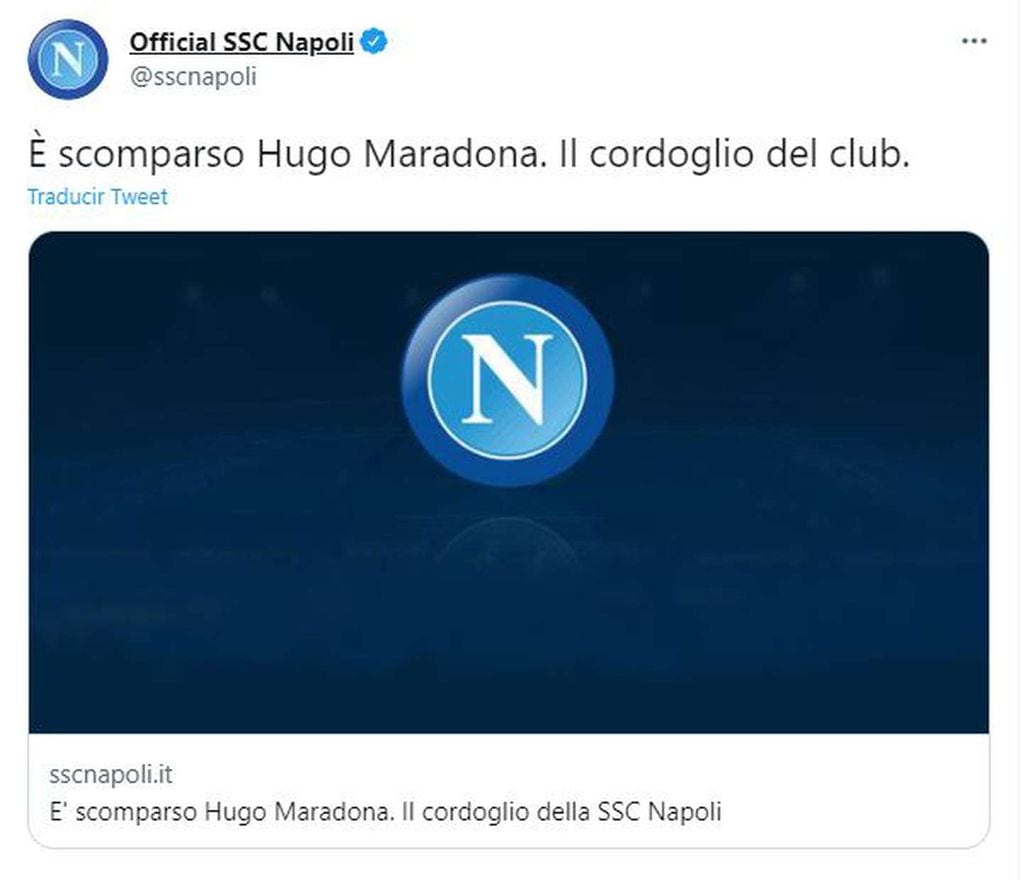 Comunicado del Nápoles por la muerte de Hugo Maradona.