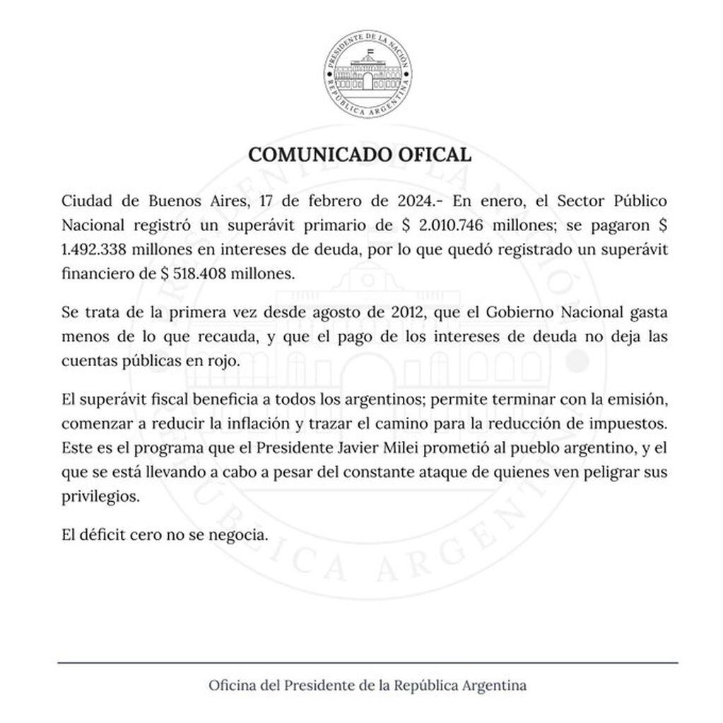 La cuenta oficial del oficialismo señaló que "el déficit cero no se negocia”. Gentileza: X @OPRArgentina.