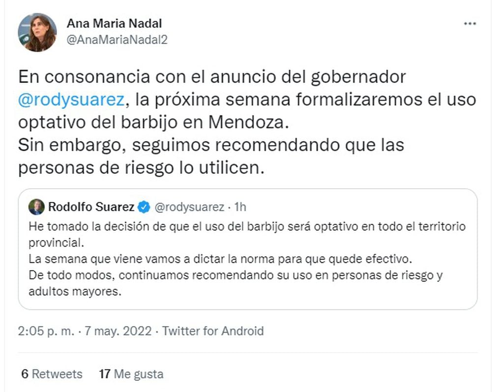 La ministra de salud, Ana María Nadal, respaldó la decisión de Suarez, de eliminar el uso obligatorio del barbijo