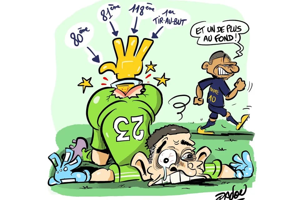 El francés Dadou desató polémica por su dibujo burlándose del "Dibu" Martínez, campeón del mundo con la Selección Argentina (Twitter @davidbuonomo)