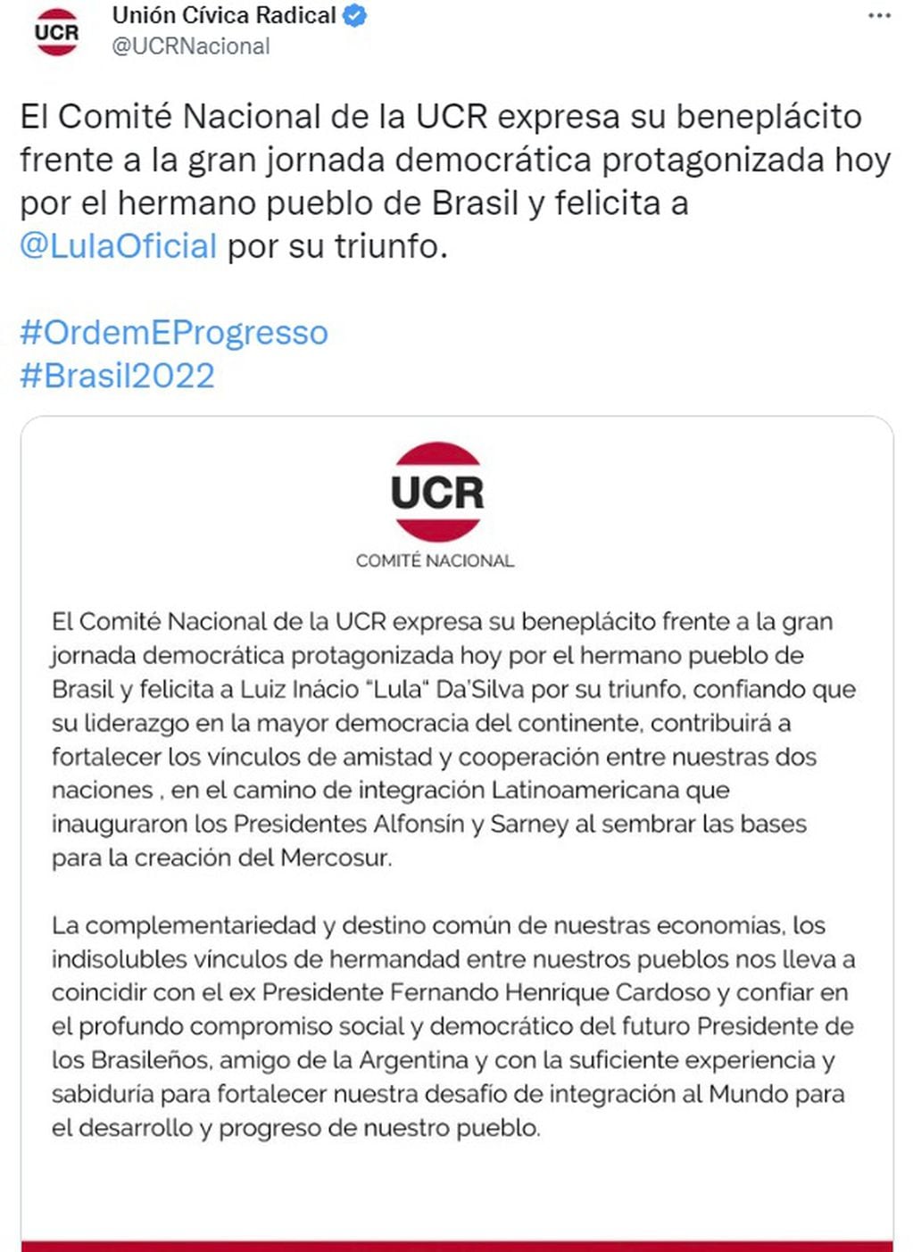 El comunicado de la UCR saludando a Lula da Silva