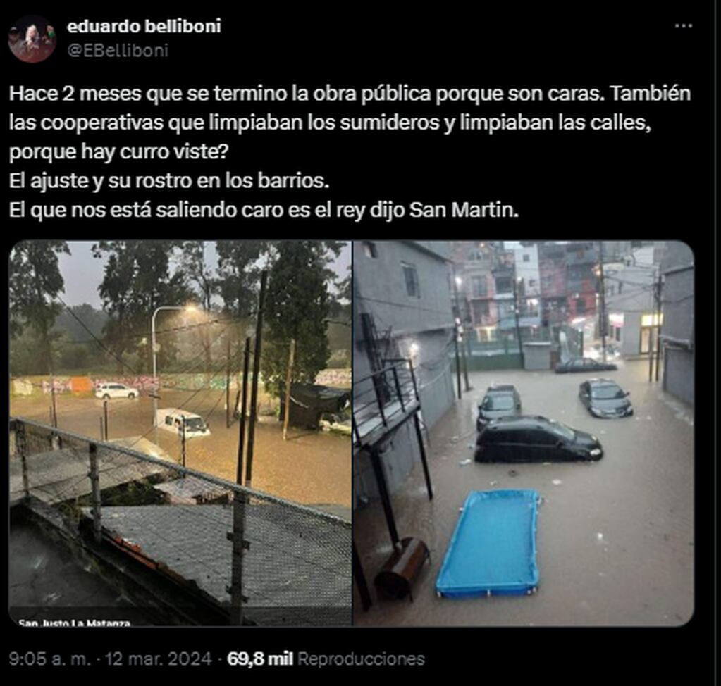 Eduardo Belliboni responsabilizó a Milei por las inundaciones en el AMBA