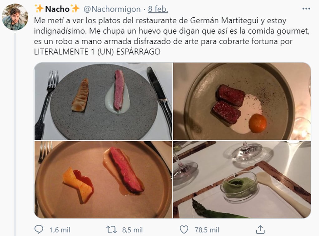 El furioso tweet de un usuario en el que critica el tamaño de los platos en el restaurante de Martitegui.