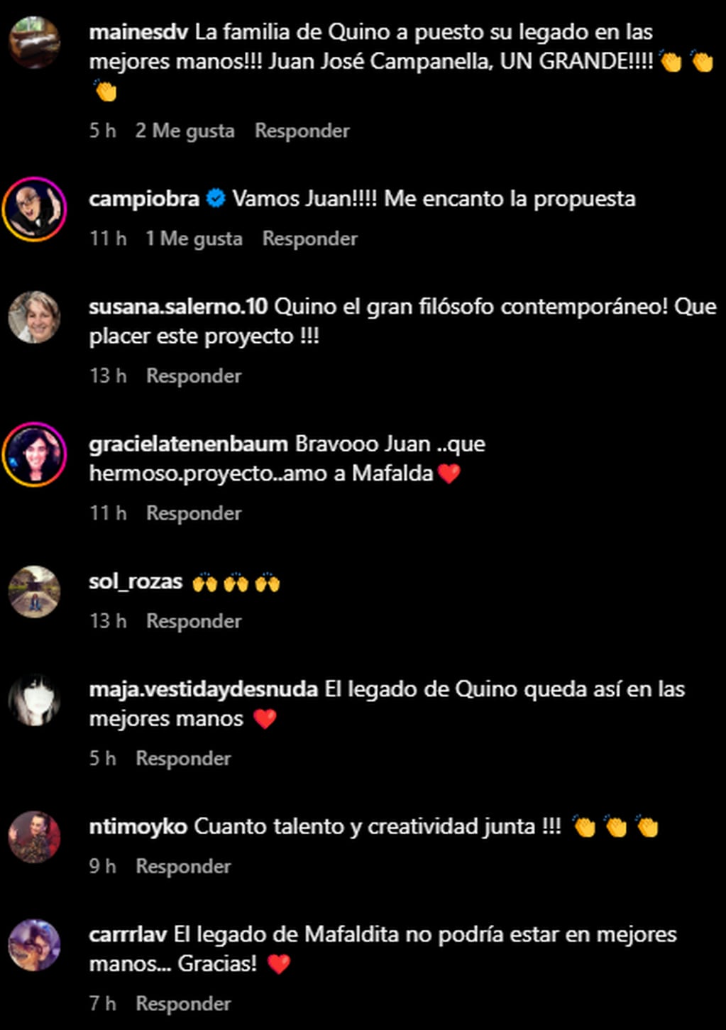 Comentarios de los usuarios que se enteraron de la nueva animación de Mafalda. Captura: Instagram / @campanellajuanjose