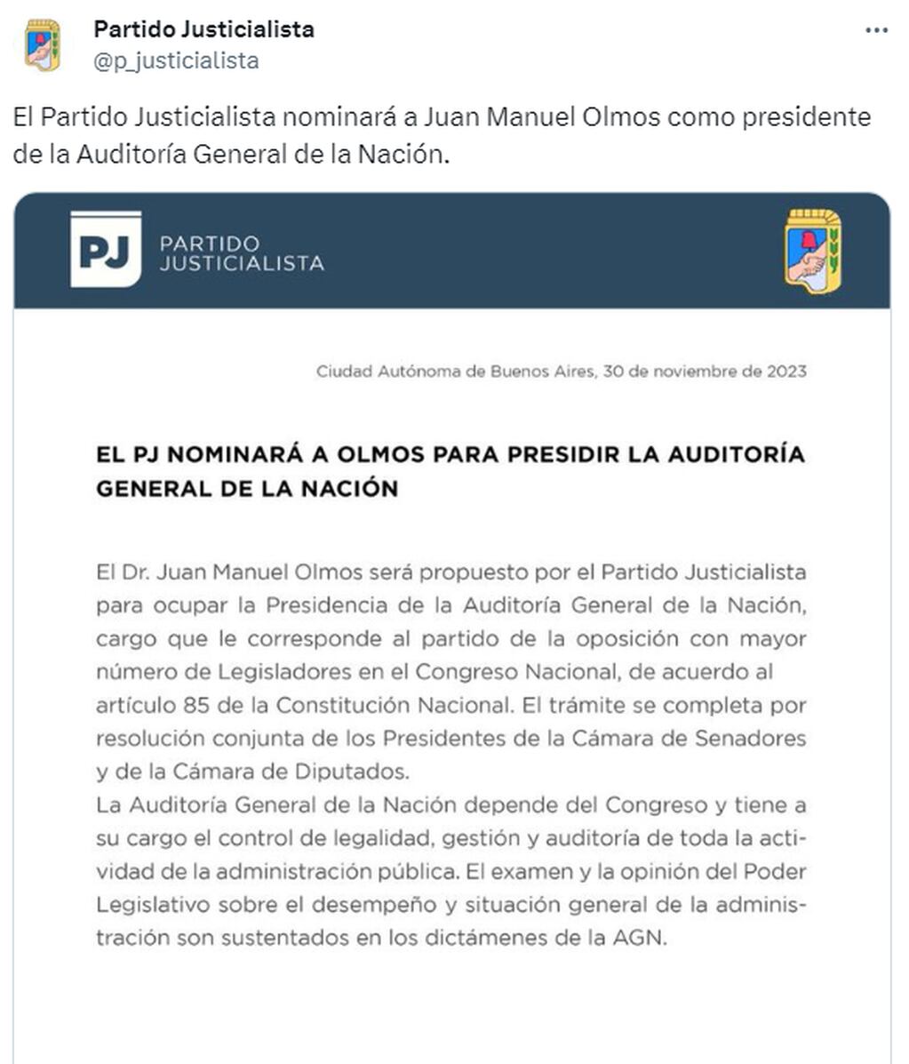 El Partido Justicialista propuso a Juan Manuel Olmos para la Auditoría General de la Nación - X