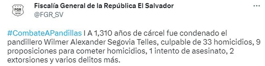 La Fiscalía General de la República El Salvador se expresó vía Twitter. Foto: Captura de Pantalla. 