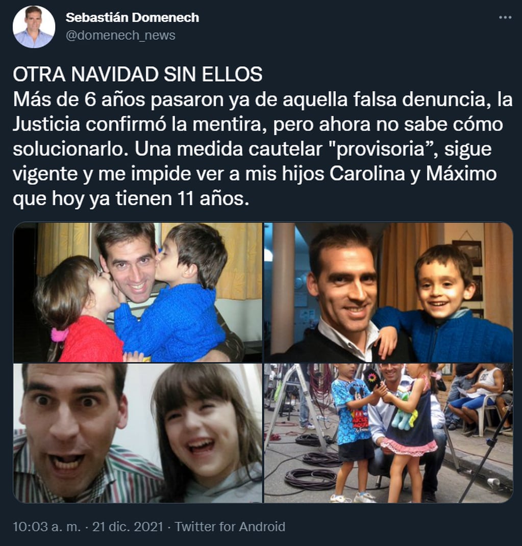 Sebastián Domenech relató en Twitter el drama que vive por no poder ver a sus hijos
