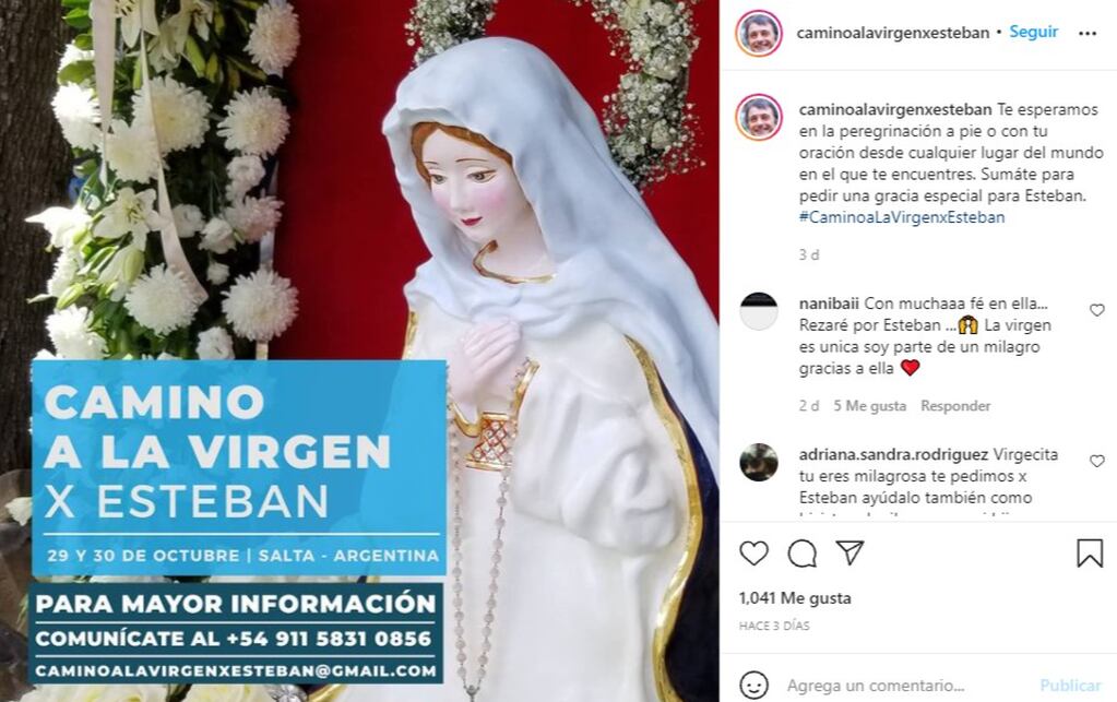 Una organización católica realizará una peregrinación a la Virgen del Cerro para pedir por la salud de Esteban Bullrich.