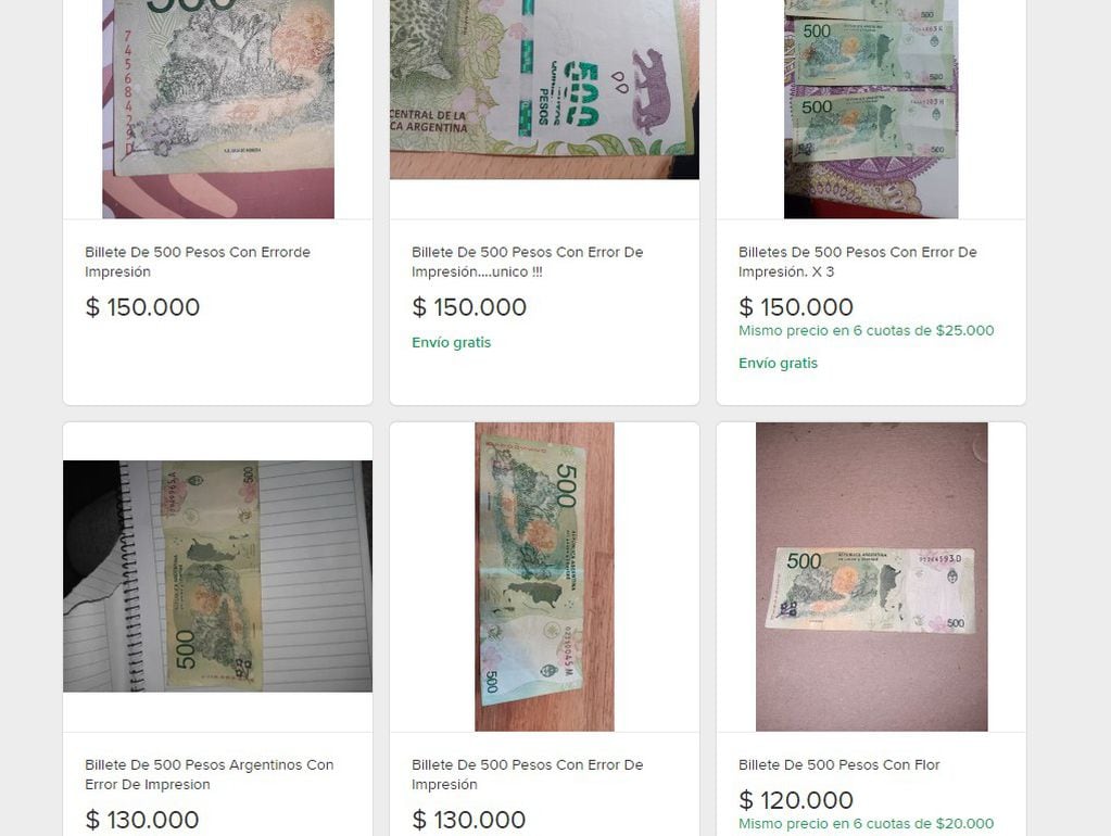 Algunos de los precios de los billetes mal impresos en Mercado Libre.