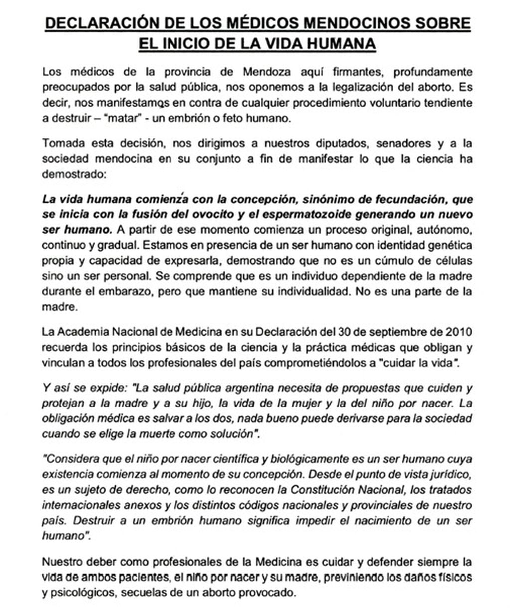Un fragmento de la carta contra el aborto que firmaron más de 1.000 médicos de Mendoza.
