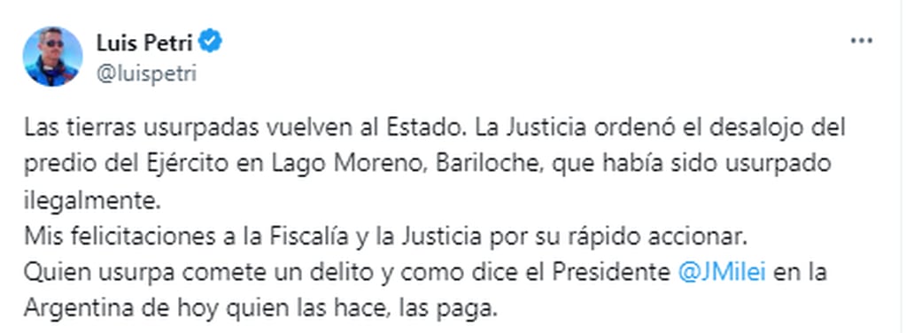 El anuncio del ministro de Defensa se realizó tras una orden de la Justicia Federal en Bariloche. Gentileza: X @luispetri.