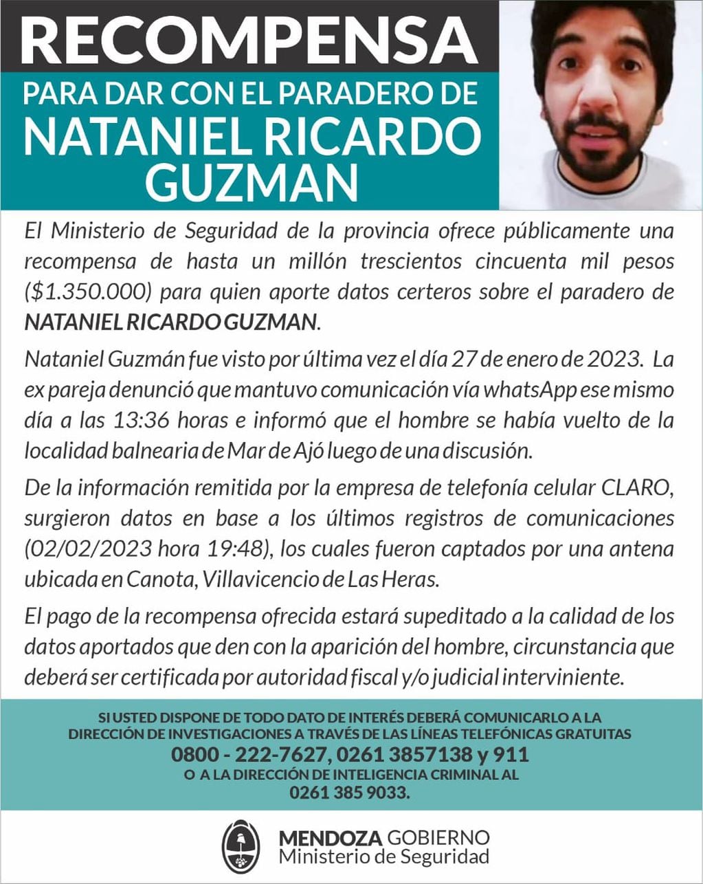 Seguridad ofrece una recompensa por el abogado Nataniel Guzmán.