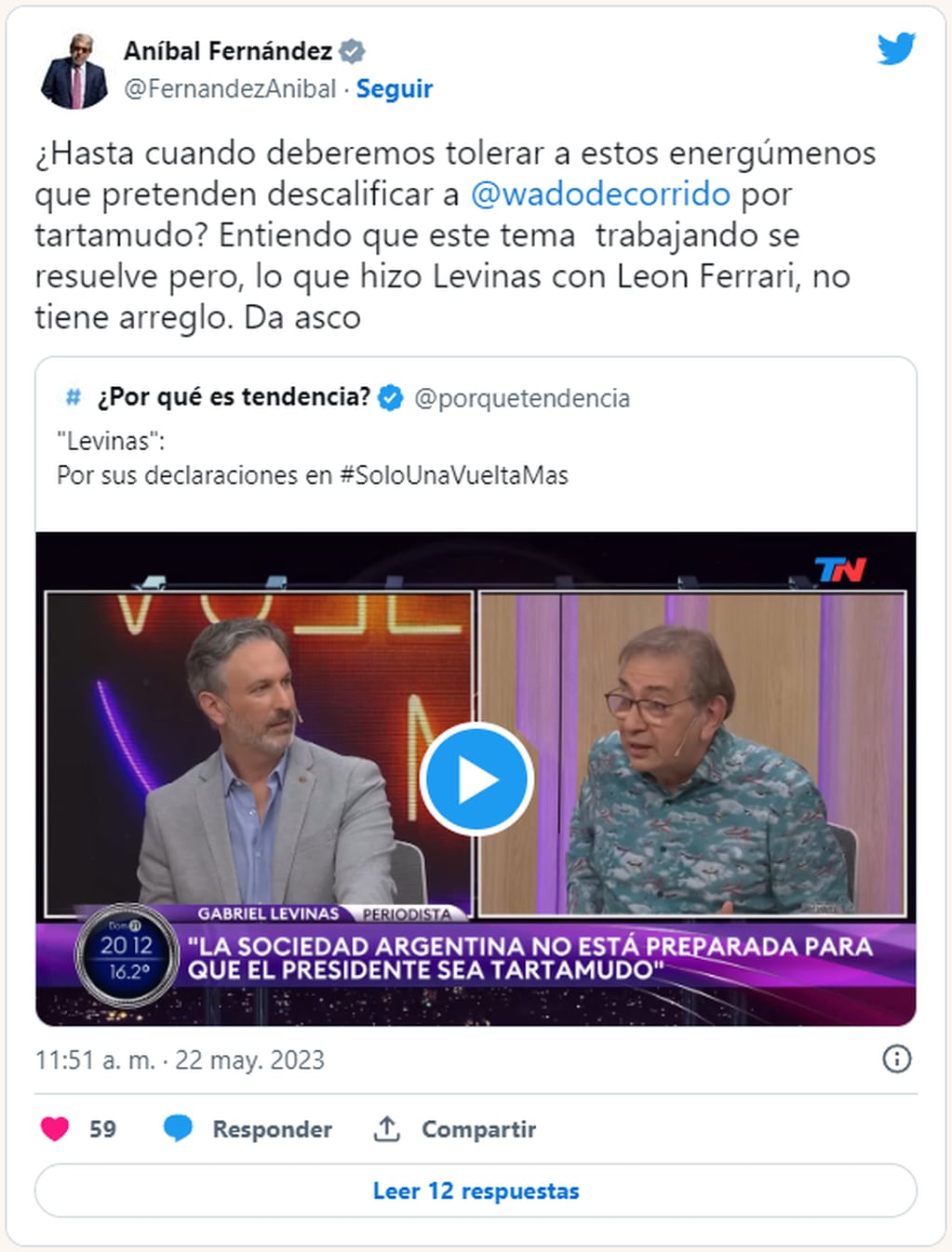 Aníbal Fernández repudió las declaraciones de Gabriel Levinas. Foto: Twitter/@FernandezAnibal
