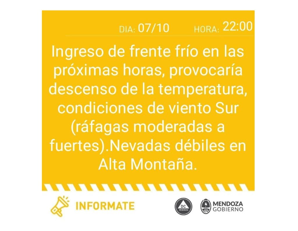 Comunicado Defensa Civil sobre el estado del tiempo después del viento Zonda en Mendoza.