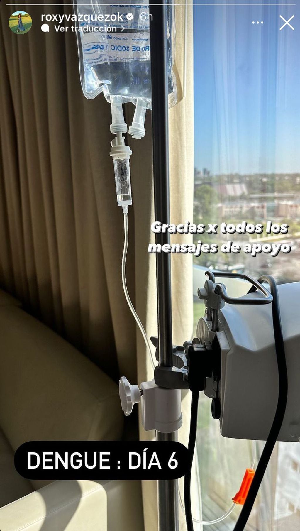 Roxy Vázquez desde la cama del hospital tras quedar internada por dengue. Gentileza Instagram.