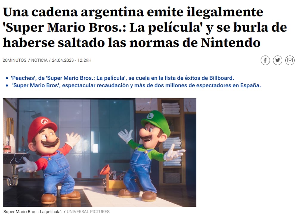 Un canal argentino “pirateó” la película de Super Mario Bros - 20 Minutos
