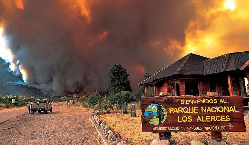 El incendio forestal en el Parque Nacional Los Alerces continúa avanzando. (Gentileza)