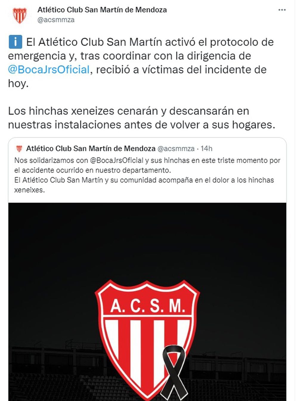 El apoyo del Atlético Club San Martín a los hinchas de Boca tras el vuelco del micro en Mendoza (Twitter)