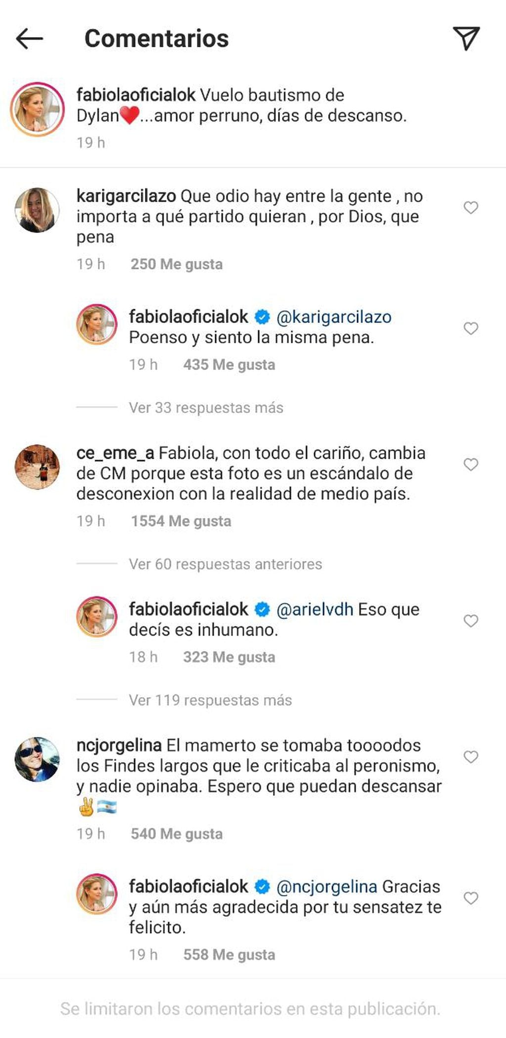 Tras las críticas, Fabiola Yáñez limitó el posteo en Instagram