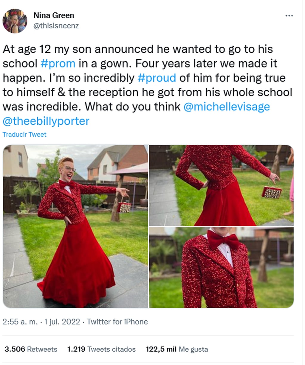 Un adolescente fue a la fiesta de egresados con esmoquin y falda y fue la sensación del evento. Twitter.