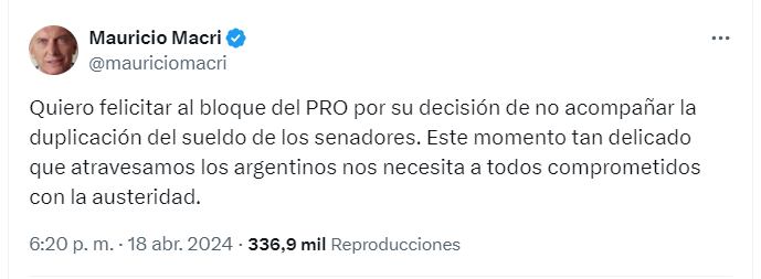 Macri felicitó al PRO por no acompañar el aumento de la dieta a través de X