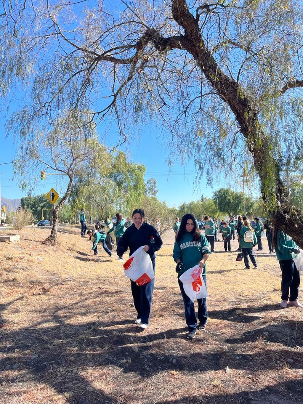 Estudiantes del colegio Maristas, en plena limpieza de un sector del Parque.