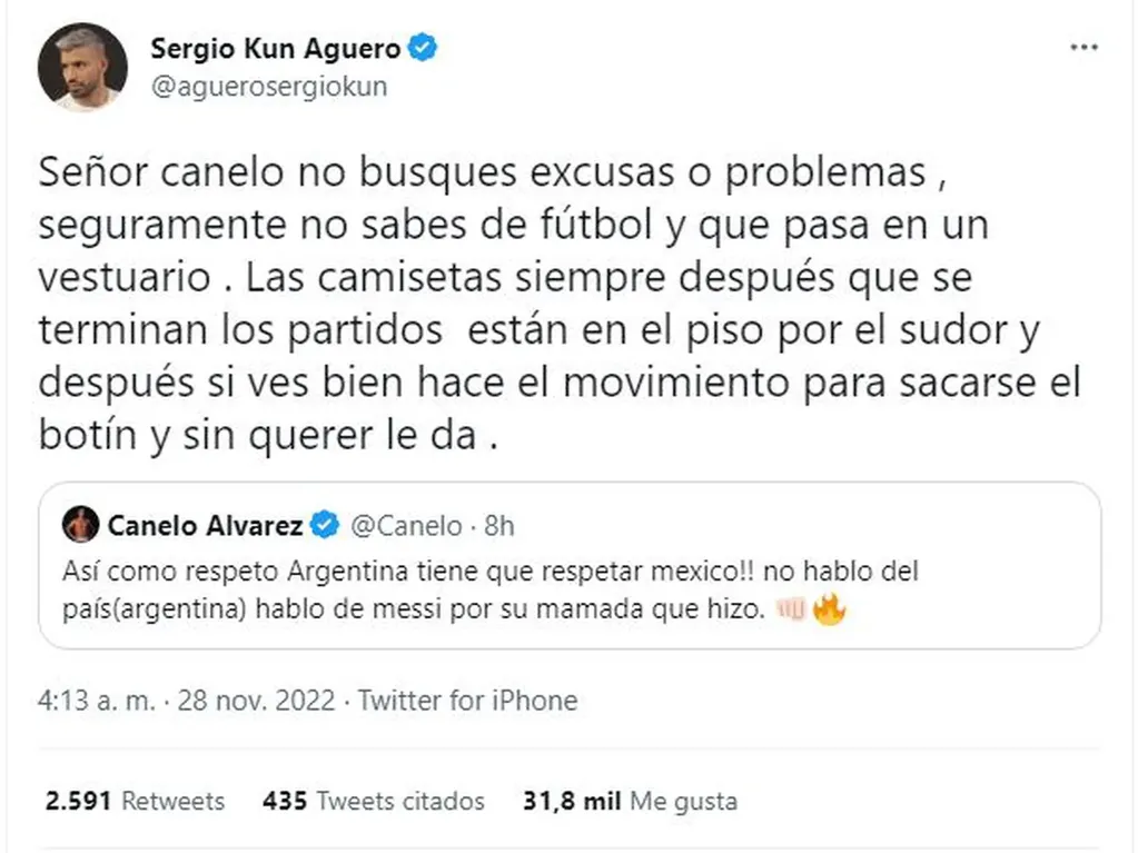 La respuesta del Kun Agüero a la amenaza de Canelo Álvarez a Messi.