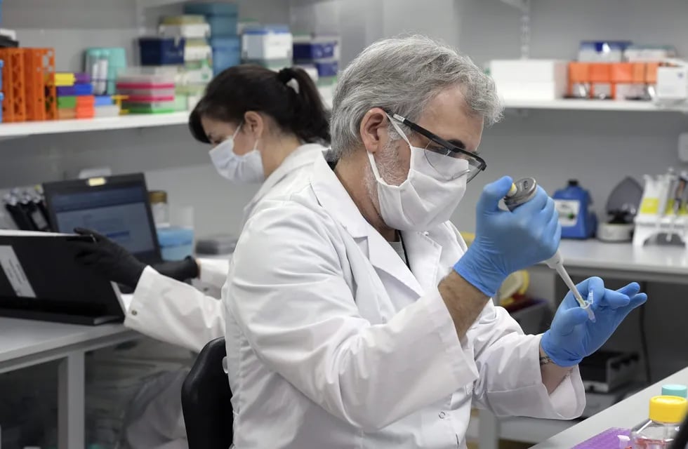 El técnico químico argentino Joaquín González y la bióloga Romina Pardo trabajan en el Laboratorio Inmunova, en Buenos Aires, donde se desarrolló el suero. Foto AFP.